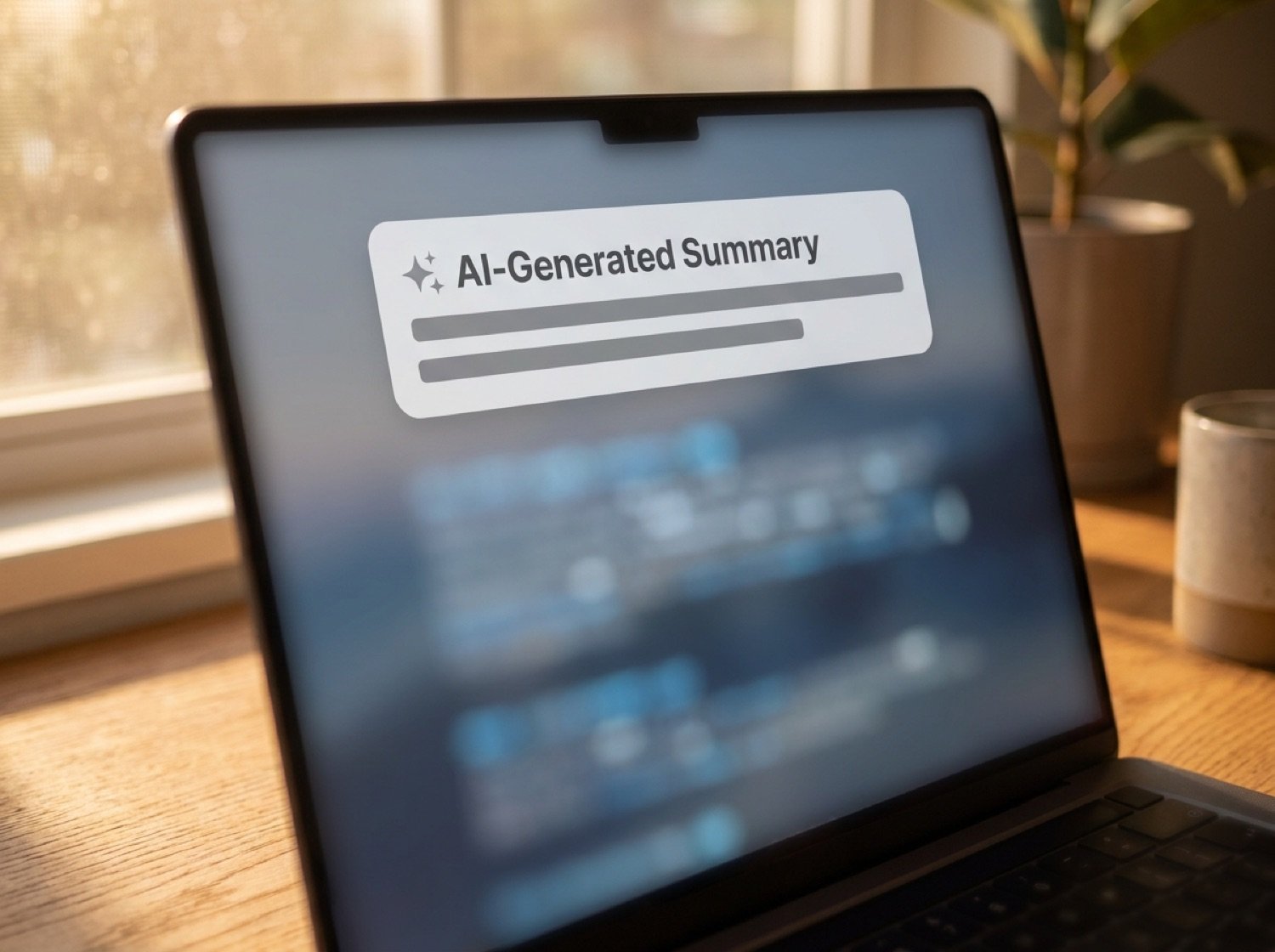 Nahaufnahme einer Suchergebnisseite mit KI-Antwortblock, Snippet und organischen Treffern auf einem Laptop-Bildschirm