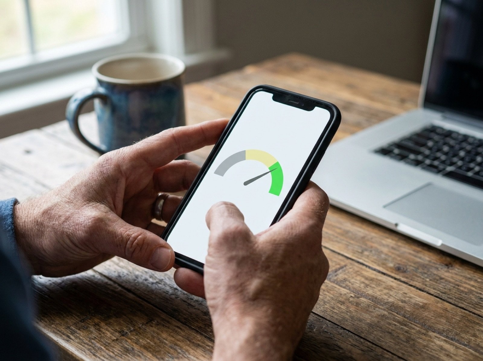 Selbstständiger prüft seinen Bonitäts-Score per Smartphone-App am Schreibtisch