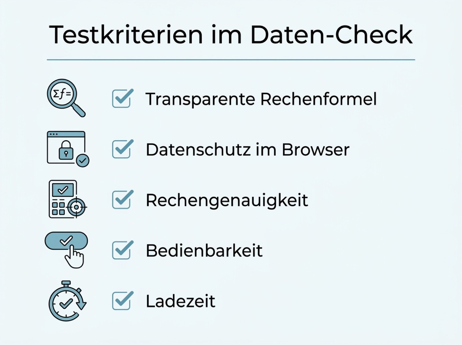 Infografik mit fünf Prüfkriterien für Finanzierungsrechner im Daten-Check