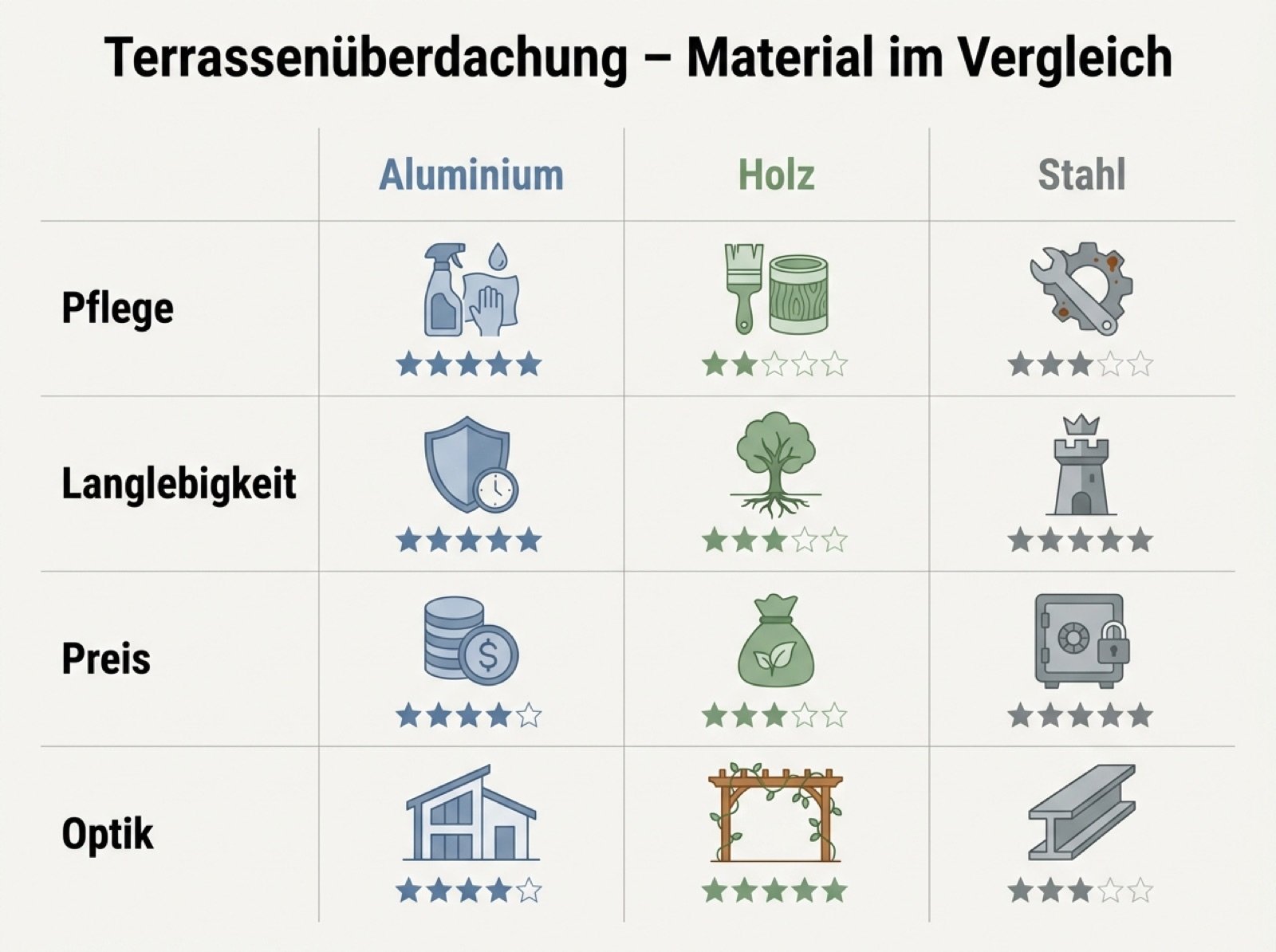 Infografik: Aluminium, Holz und Stahl im Vergleich nach Pflege, Langlebigkeit, Preis und Optik