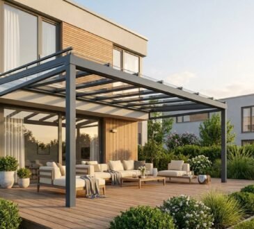 Anthrazitfarbene Terrassenüberdachung aus Aluminium mit Glasdach über einer Holzterrasse am Einfamilienhaus