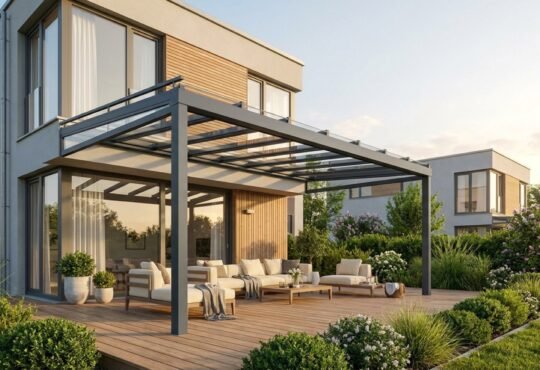 Anthrazitfarbene Terrassenüberdachung aus Aluminium mit Glasdach über einer Holzterrasse am Einfamilienhaus