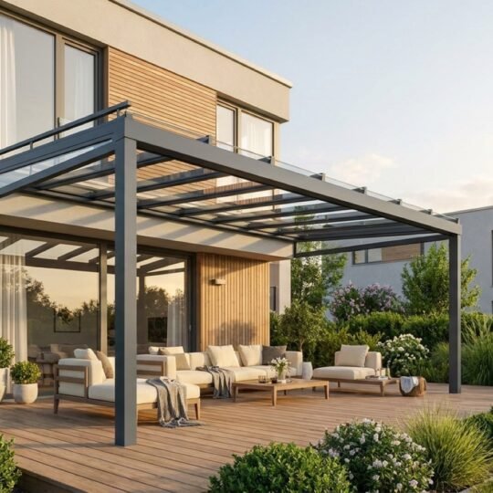 Anthrazitfarbene Terrassenüberdachung aus Aluminium mit Glasdach über einer Holzterrasse am Einfamilienhaus