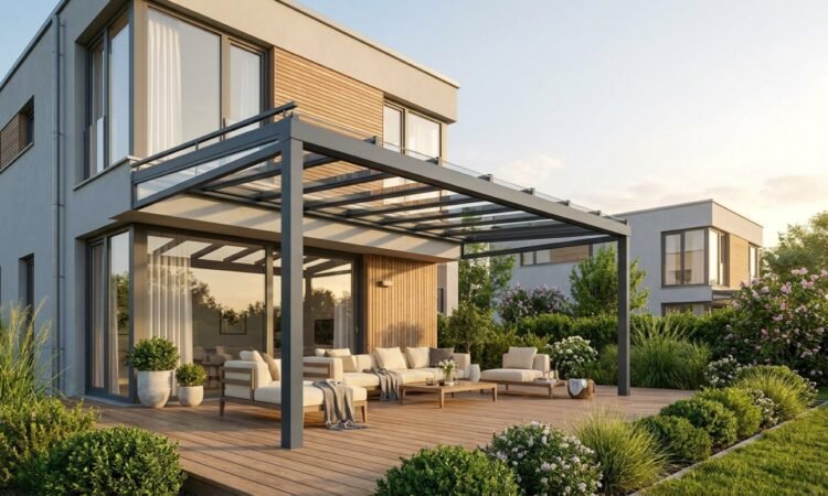 Anthrazitfarbene Terrassenüberdachung aus Aluminium mit Glasdach über einer Holzterrasse am Einfamilienhaus